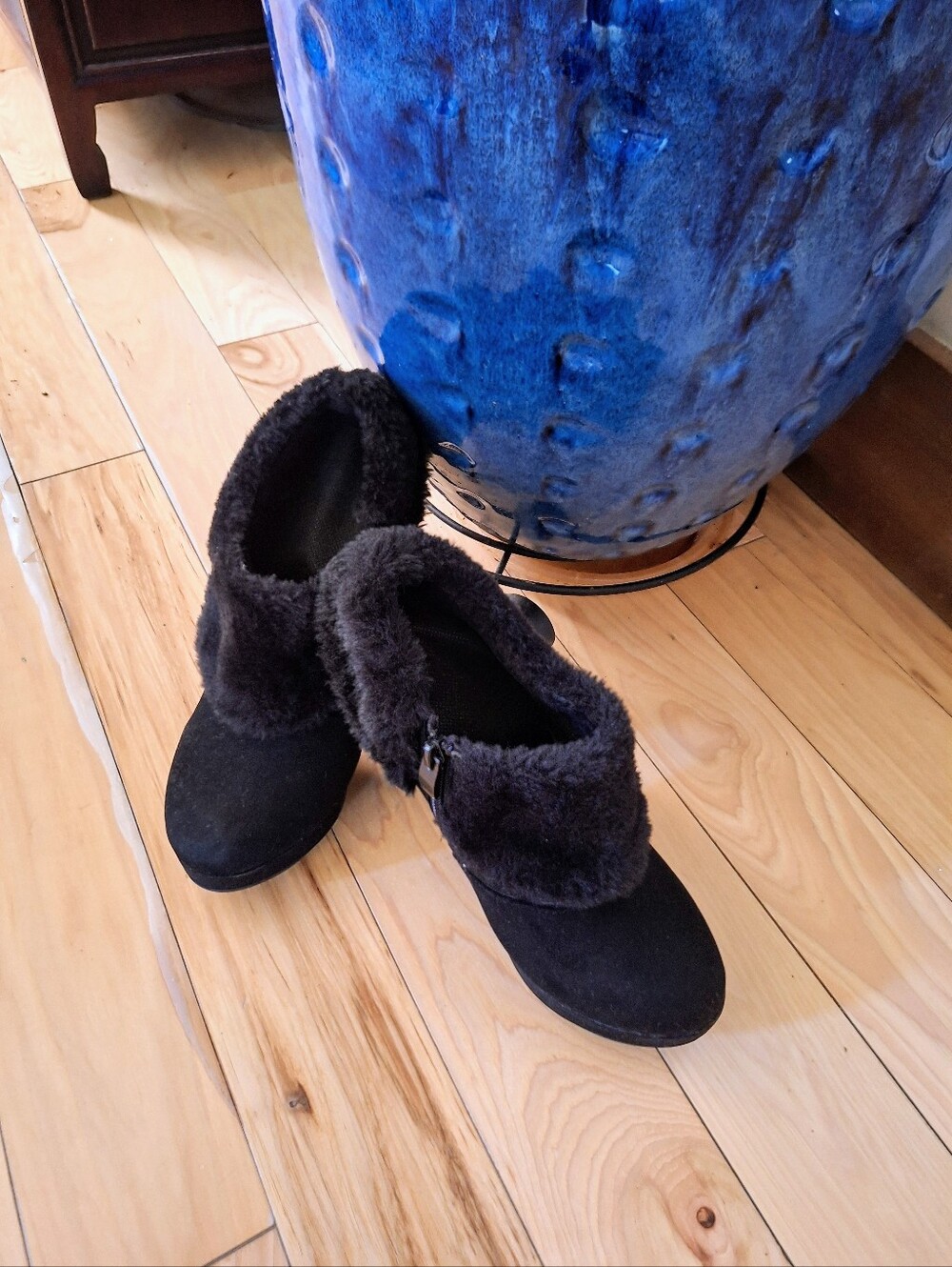 New Black Fur-Trim Stiletto Ankle Boots, 20cm front  Platform and YKK Side Zip